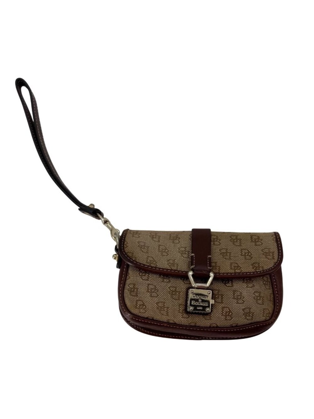 Dooney & Bourke Monogram Canvas Brown Leather Wristlet Clutch Handbag 1975 Logo